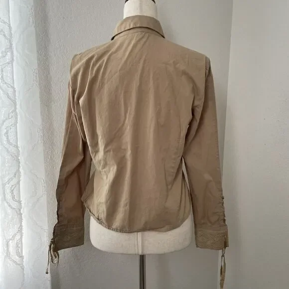 Andrew & Co Women’s Blouse L Tan Lace-Up Long Sleeve Victorian Romantic Cotton - Picture 4 of 10